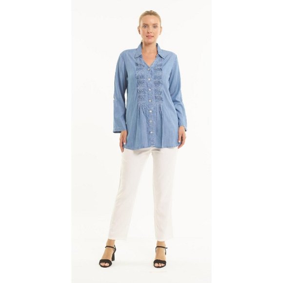 soft surroundings 100% lyocell chambray blue button top with shiny buttons XS - Picture 8 of 8